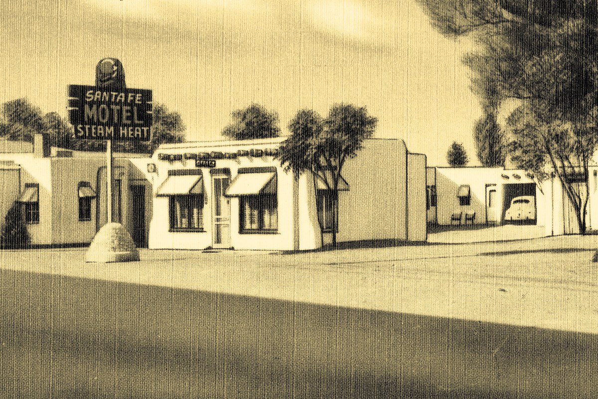 Commercial storefronts along Cerrillos Road in Santa Fe, New Mexico