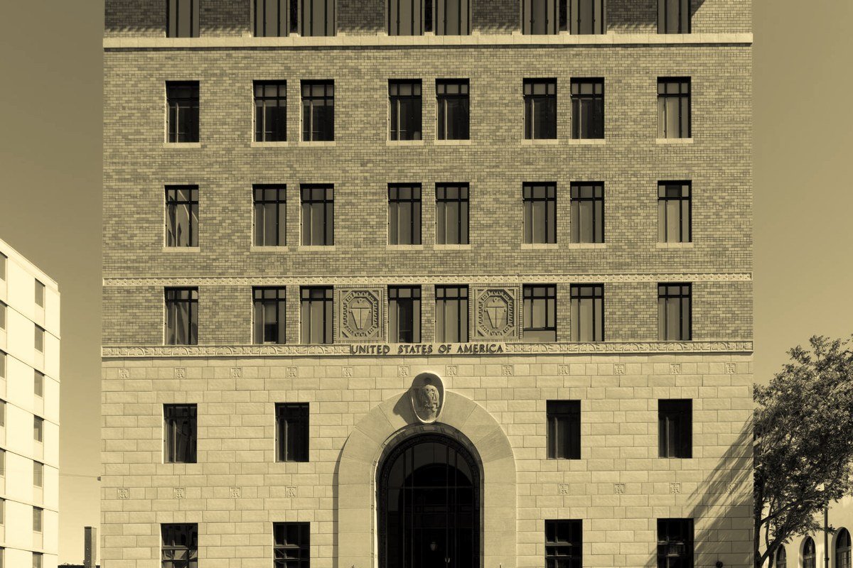 Front of the historic United States Courthouse in Albuquerque, New Mexico