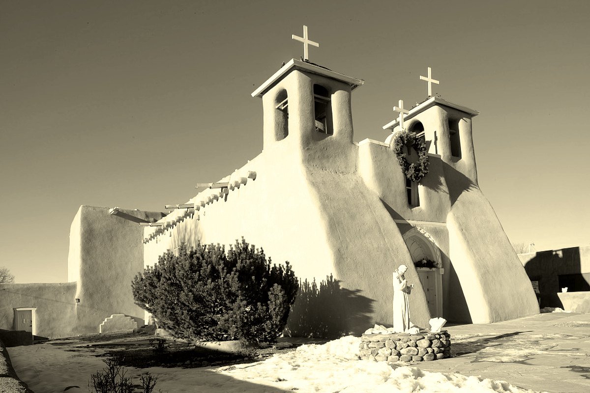 The adobe San Francisco de Asis Mission Church in Ranchos de Taos, New Mexico, with its two bell towers