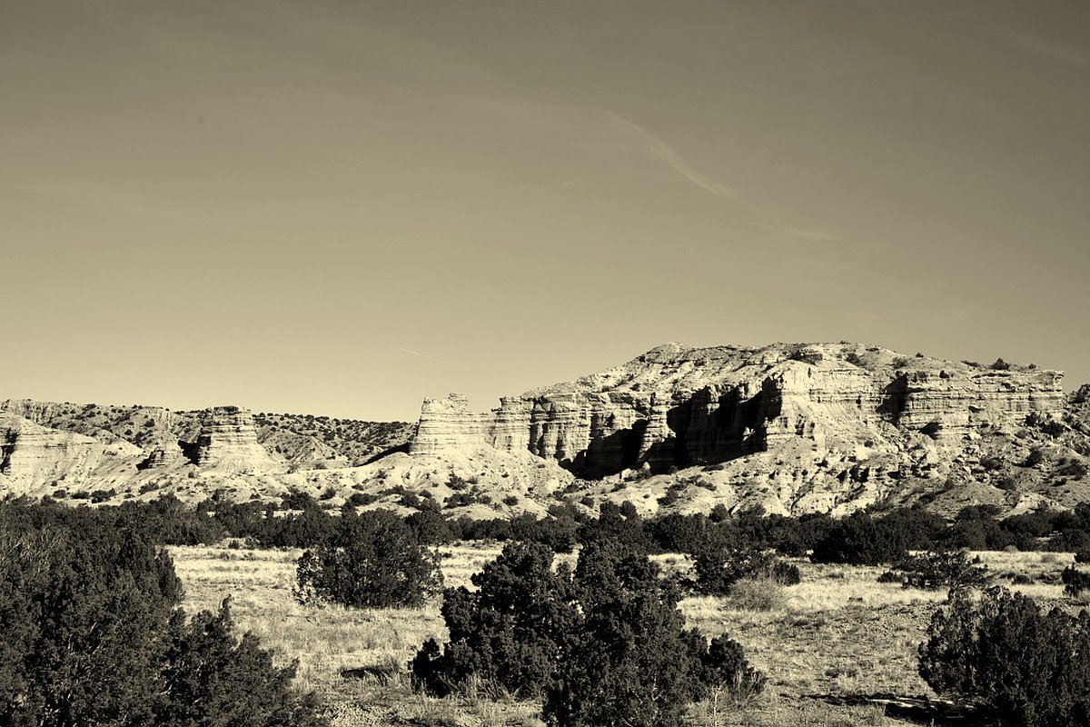 Ridges and low cliffs on the road north from Santa Fe toward Espanola and Los Alamos, New Mexico